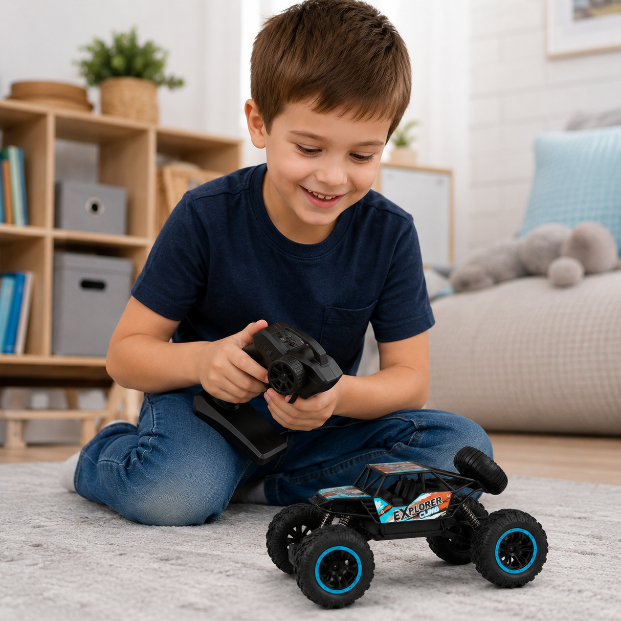 Masina RC Off-Road pentru Copii cu Telecomanda 2.4 GHz, Anvelope Mari din Cauciuc si Baterie Reincarcabila, Negru