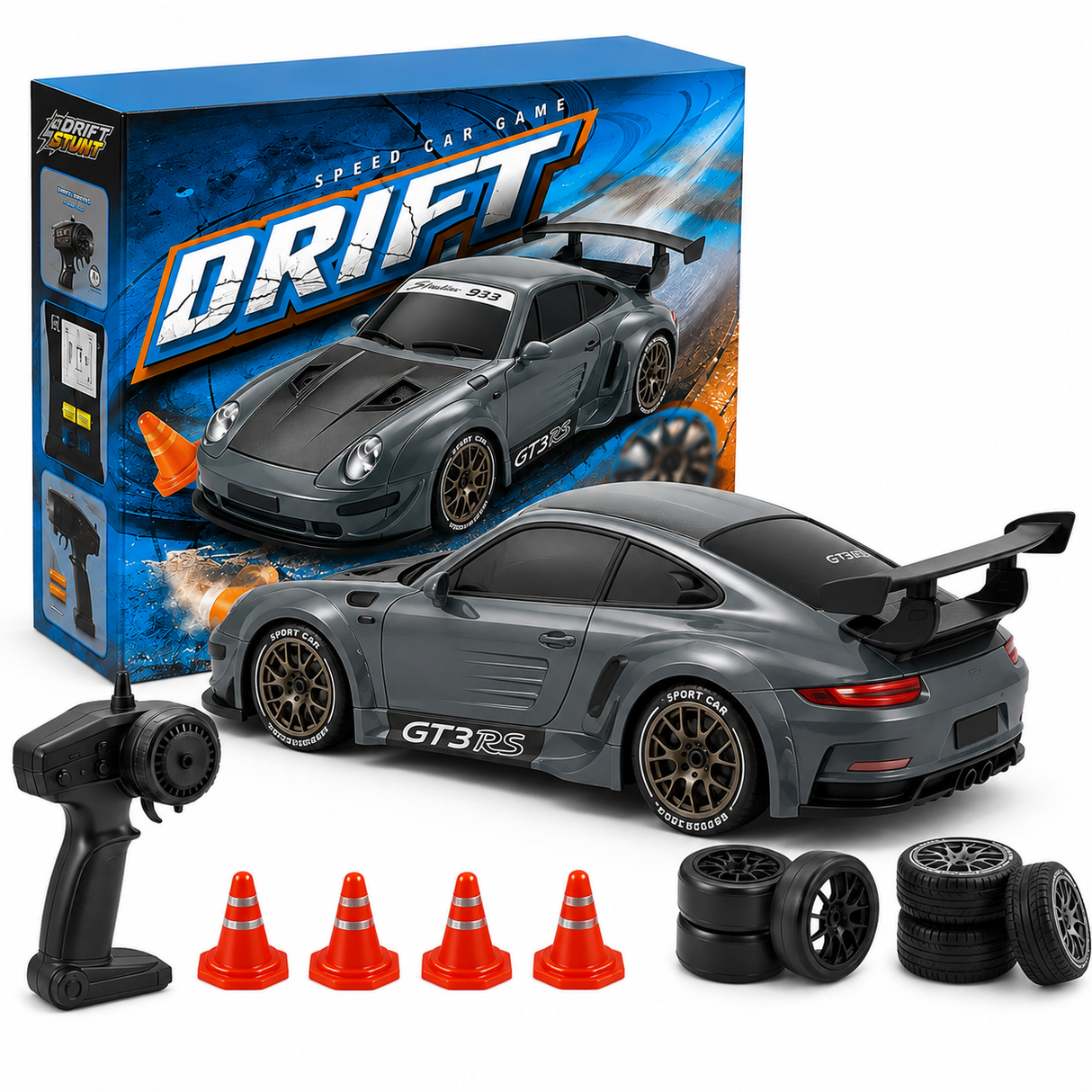 Masina RC Drift 4WD Tip Coupe Sport, Scara 1:20, 20 km/h, Telecomanda 2.4 GHz, 2 Seturi de Anvelope Drift & Racing, Acumulator si Obstacole Incluse, Gri Metalizat