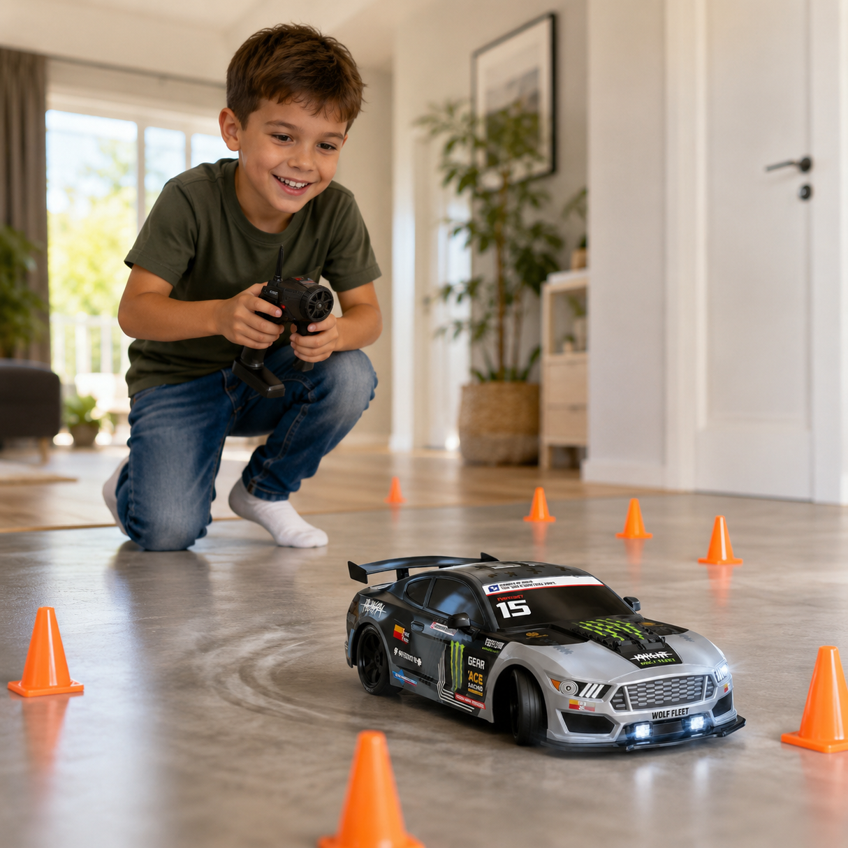 Masina RC Drift pentru Copii, Scara 1:16, 20 km/h, Lumini LED, Efect de Fum, Telecomanda, Gri/Albastru