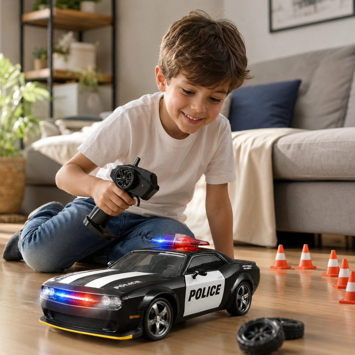 Masina RC de Politie pentru Drift, Scara 1:24, Tractiune Integrala, Telecomanda 2.4 GHz, 2 Seturi de Anvelope Speed & Drift, Acumulator Inclus, Negru