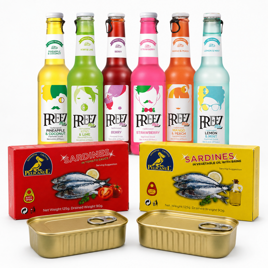 Ocean Feast & Freez Box – 34 Sardine Pelicanul + 6 Băuturi Freez Mix