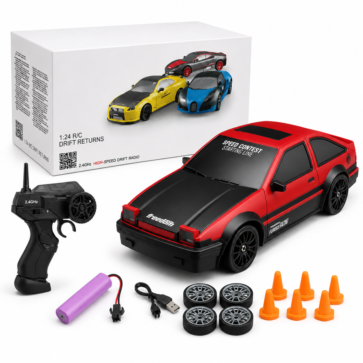 Masina RC Vintage pentru Copii, Scara 1:24, Viteza 15 km/h, Lumini LED, Anvelope Schimbabile, Telecomanda, Rosu