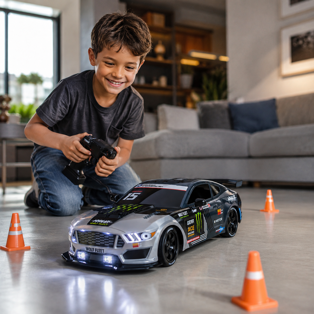 Masina RC Drift pentru Copii, Scara 1:16, 20 km/h, Lumini LED, Efect de Fum, Telecomanda, Gri/Albastru