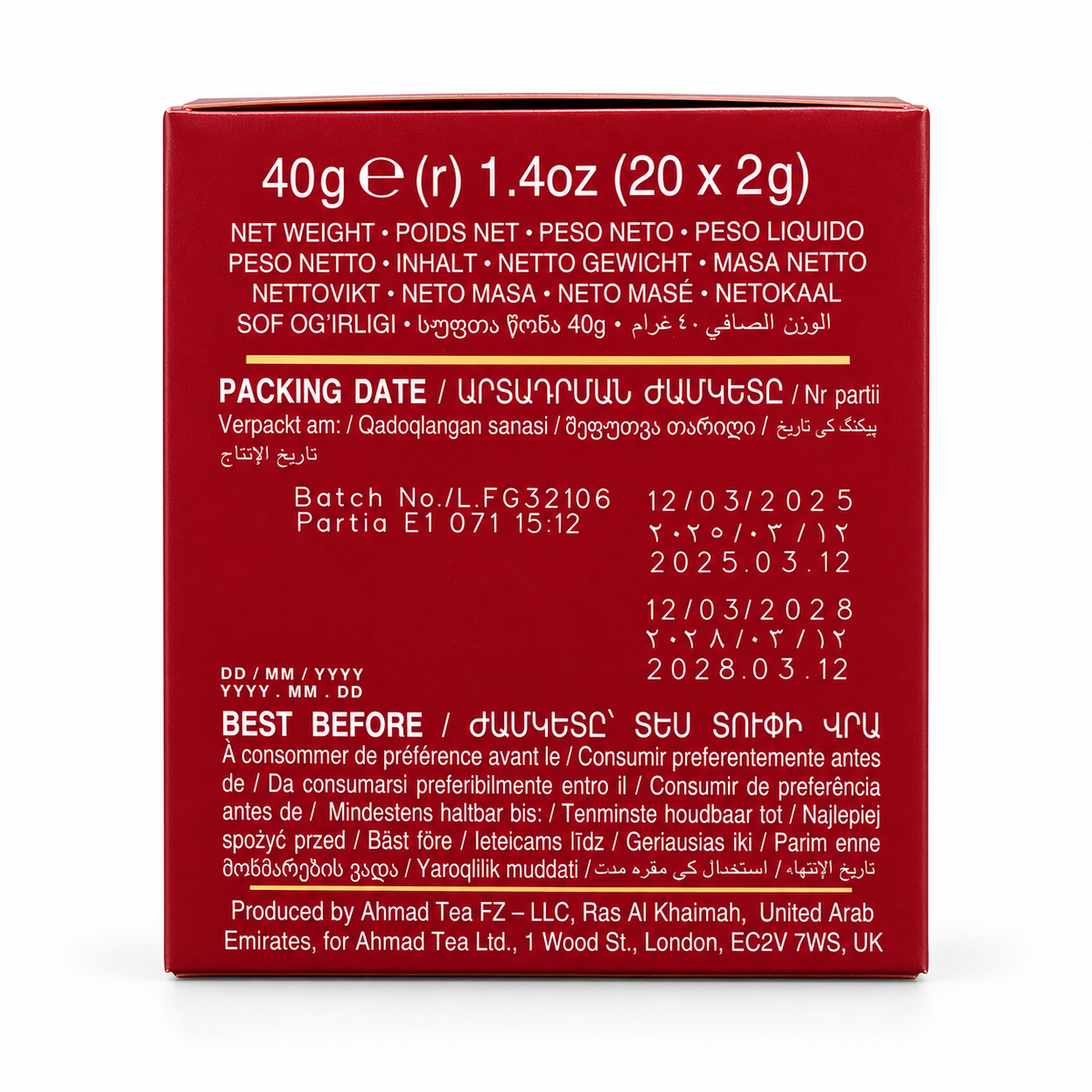 Ceai Ahmad Tea cu zmeură – 20 x 2 g și informații de ambalare
