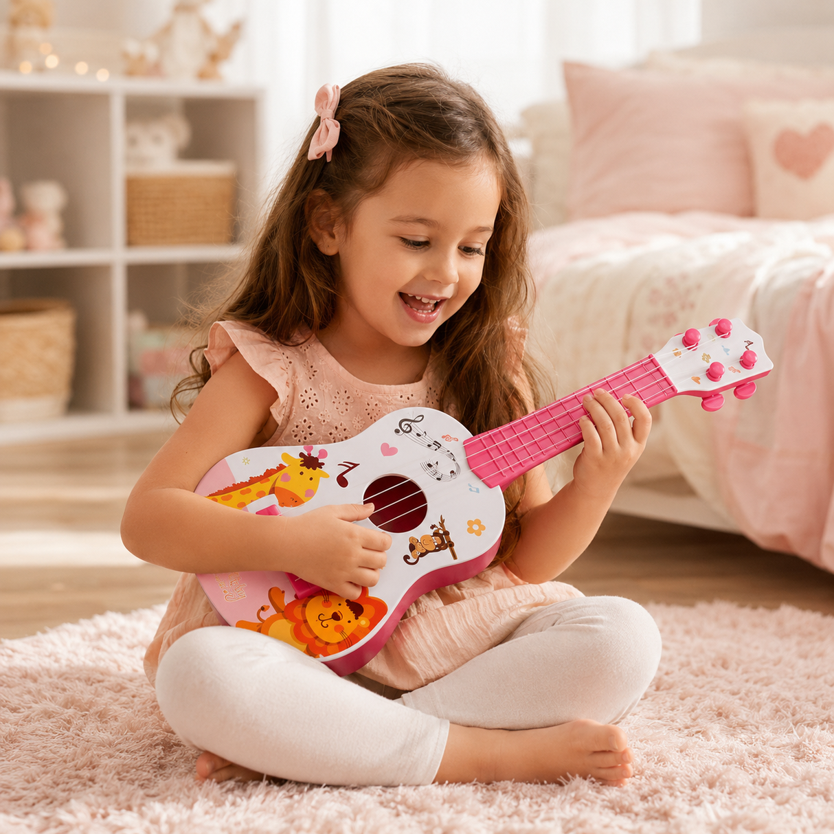 Chitara Ukulele pentru Copii cu 4 Corzi, Model Girafa si Leu, pentru Incepatori, 40 cm, Roz