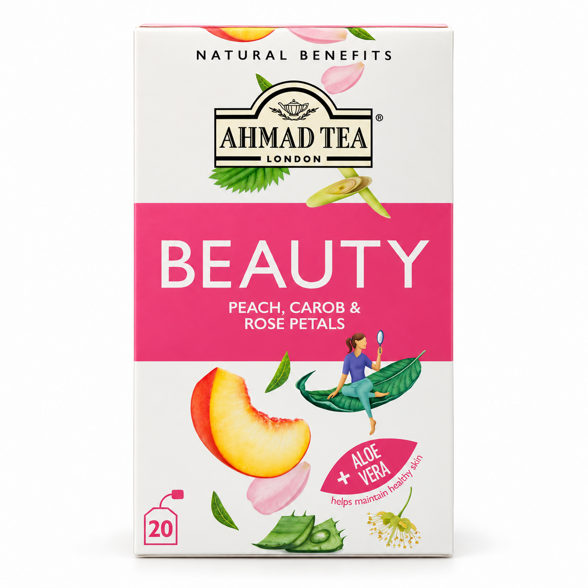 Ceai Ahmad Tea Beauty infuzie de plante cu piersică și aloe vera, cutie 20 plicuri, vedere frontală