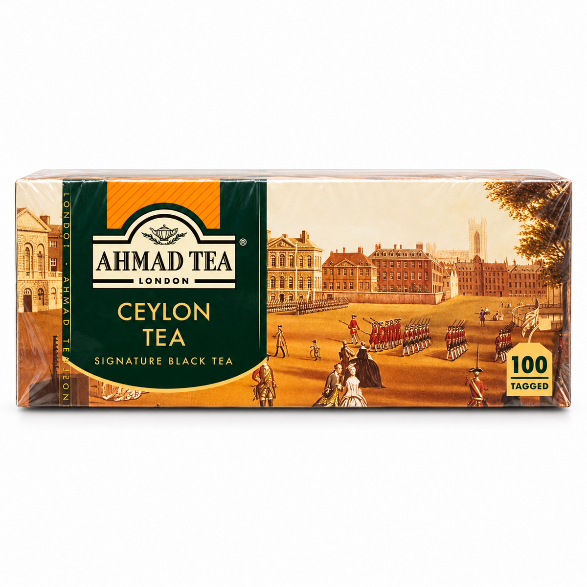 Ceai Ahmad Tea Ceylon 100 plicuri, cutie văzută din lateral cu imaginea emblematică