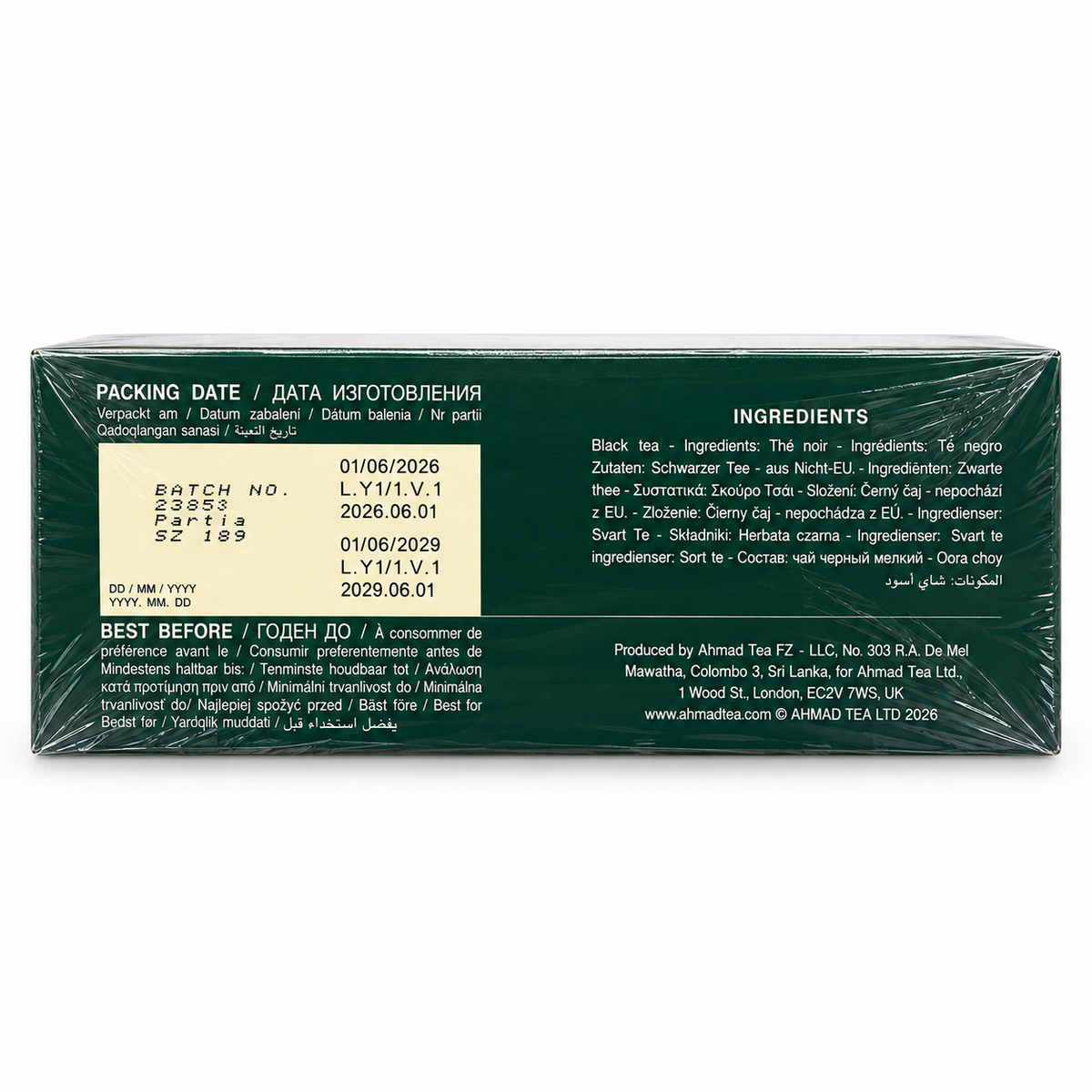 Ahmad Tea Ceylon – ingredient ceai negru, ambalat în Sri Lanka și termen de consum preferabil 01.06.2029