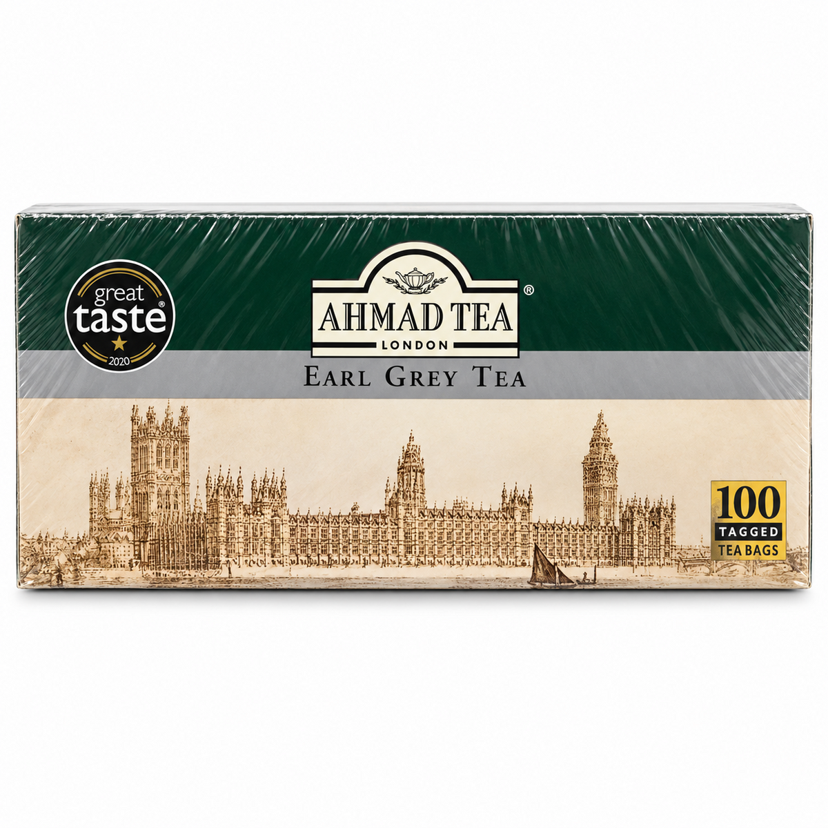 Ahmad Tea Earl Grey 100 plicuri – vedere laterală a cutiei