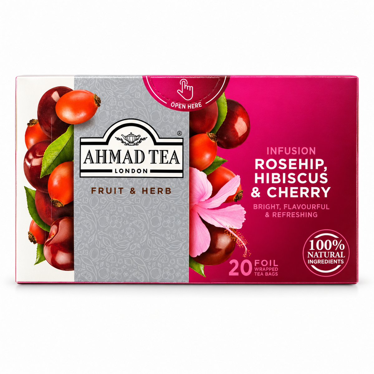 Ceai Ahmad Tea Rosehip, Hibiscus & Cherry – ambalaj orizontal cu fructe și hibiscus