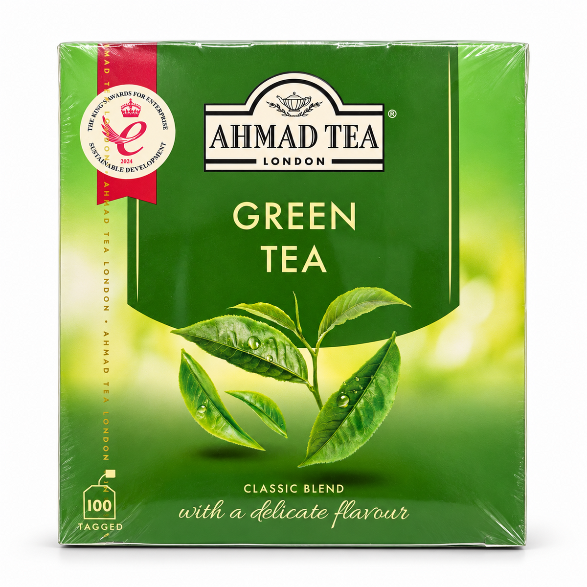 Ceai verde Ahmad Tea Green Tea Classic Blend, 100 plicuri a câte 2 g, 200 g – fața cutiei
