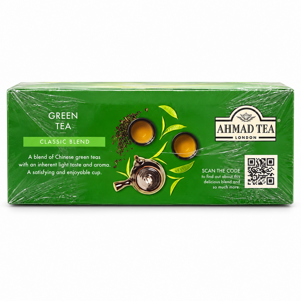 Ahmad Tea Green Tea Classic Blend 100 plicuri – vedere laterală cu cești de ceai