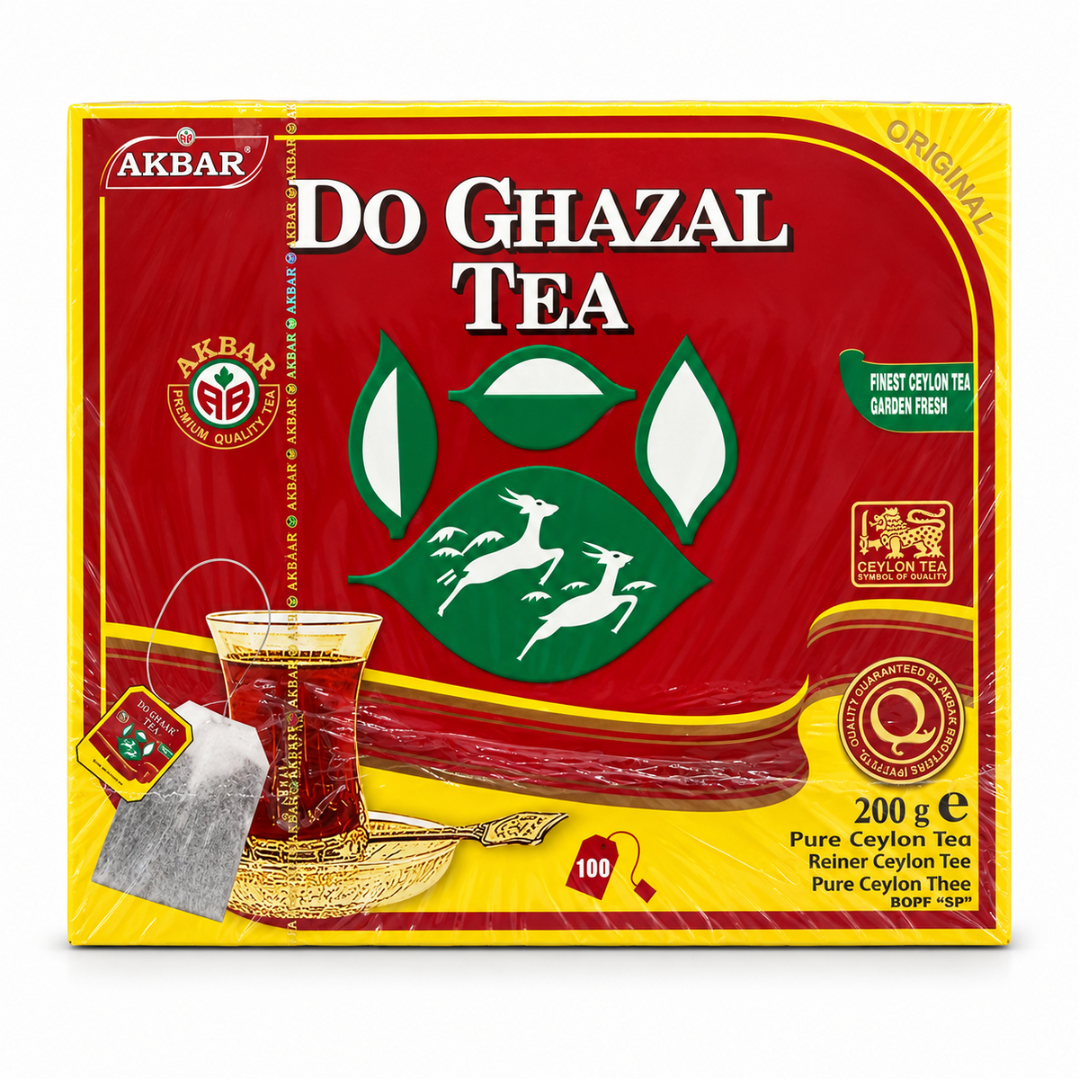 Ceai Akbar Do Ghazal Pure Ceylon 100 plicuri a câte 2 g – fața ambalajului