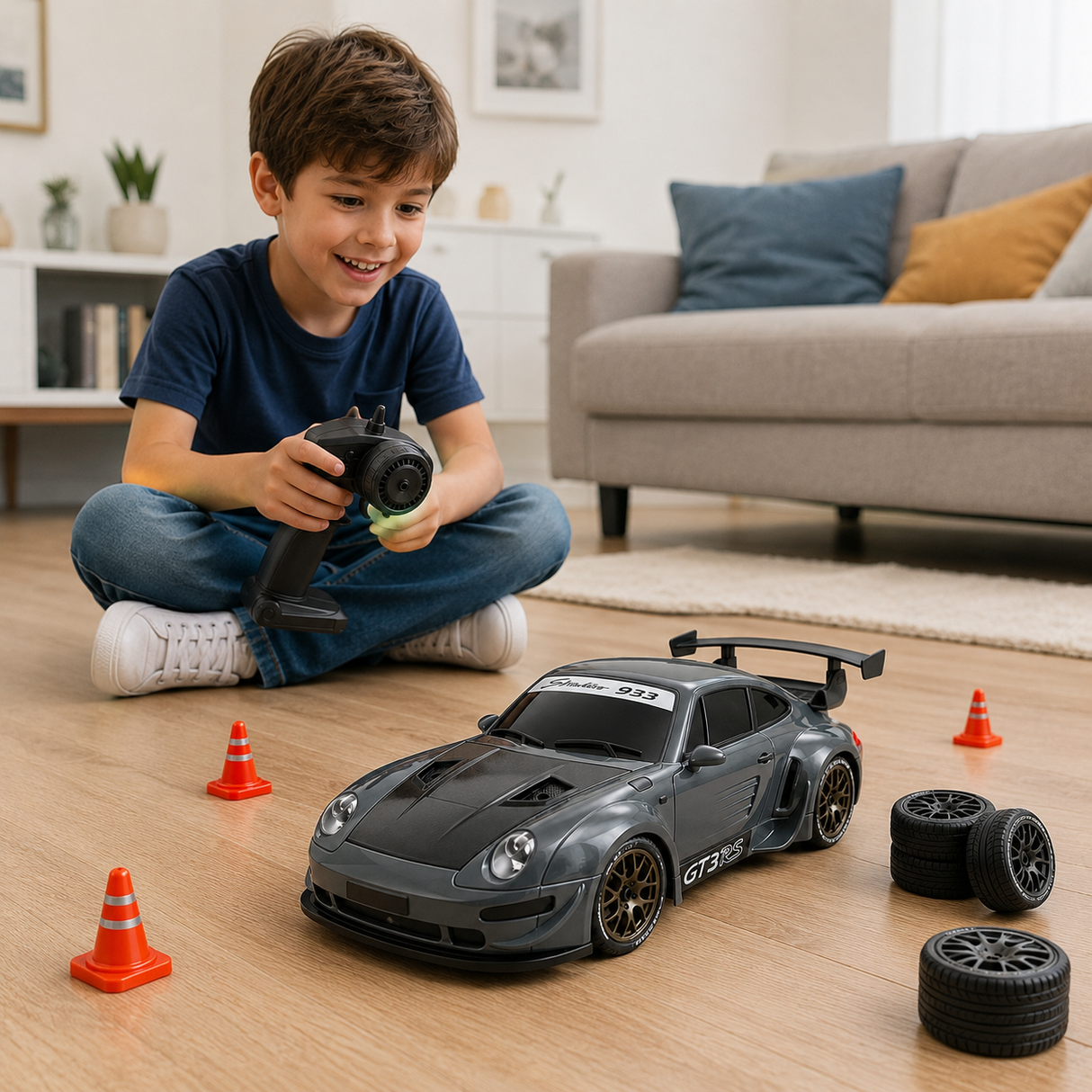 Masina RC Drift 4WD Tip Coupe Sport, Scara 1:20, 20 km/h, Telecomanda 2.4 GHz, 2 Seturi de Anvelope Drift & Racing, Acumulator si Obstacole Incluse, Gri Metalizat