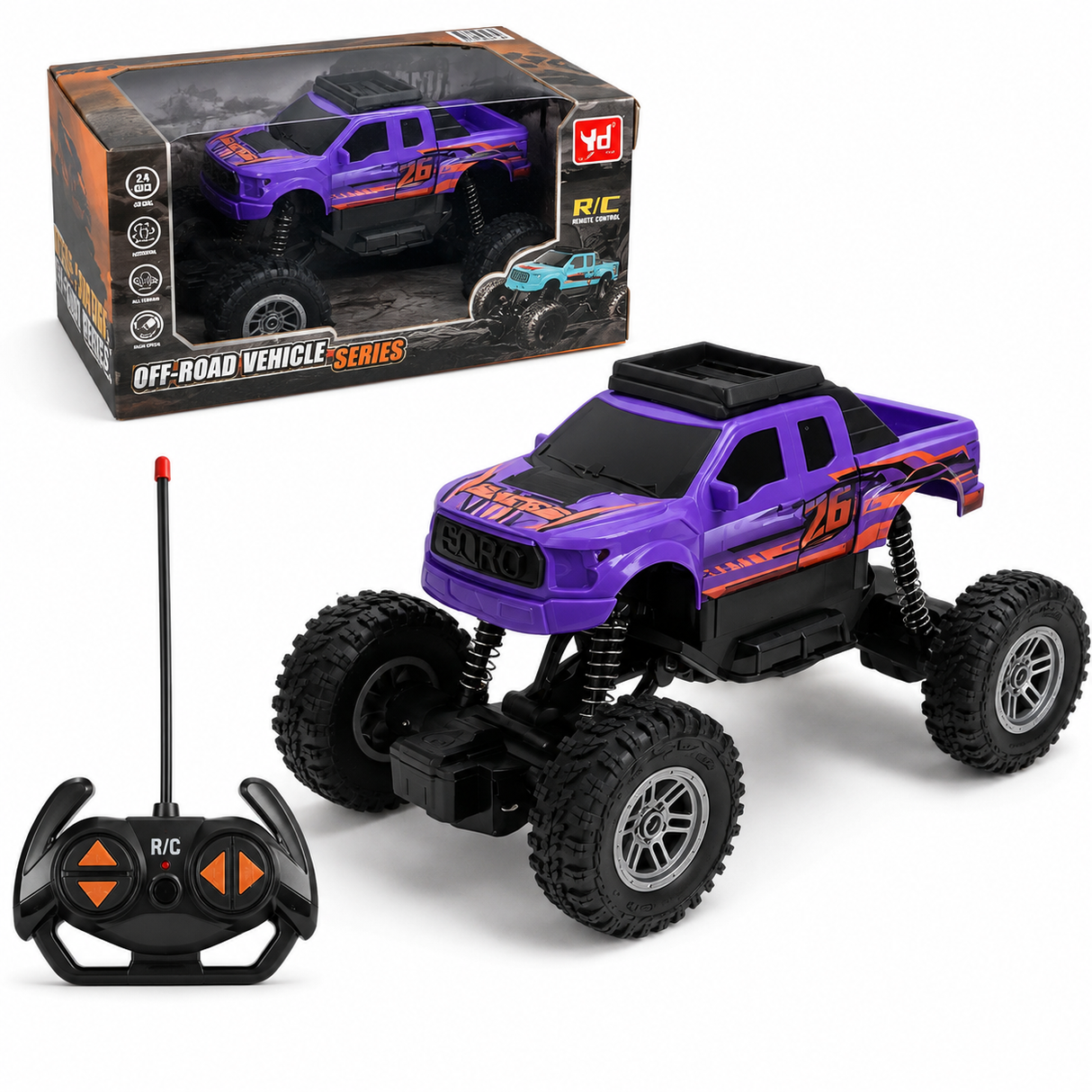 Masina RC Monster Truck Off-Road pentru Copii, Scara 1:16, 10 km/h, Suspensii, Telecomanda, Acumulator Inclus, Mov