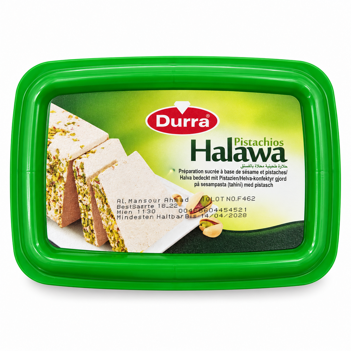 Durra Halva cu Fistic 700 g – vedere de sus a cutiei, capac verde