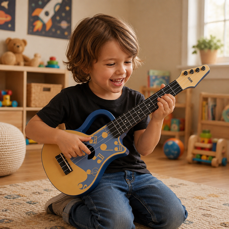 Chitara Ukulele pentru Copii cu 4 Corzi si Maner, 45 cm, Albastru-Bej