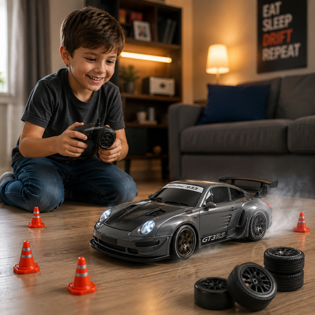 Masina RC Drift 4WD Tip Coupe Sport, Scara 1:20, 20 km/h, Telecomanda 2.4 GHz, 2 Seturi de Anvelope Drift & Racing, Acumulator si Obstacole Incluse, Gri Metalizat