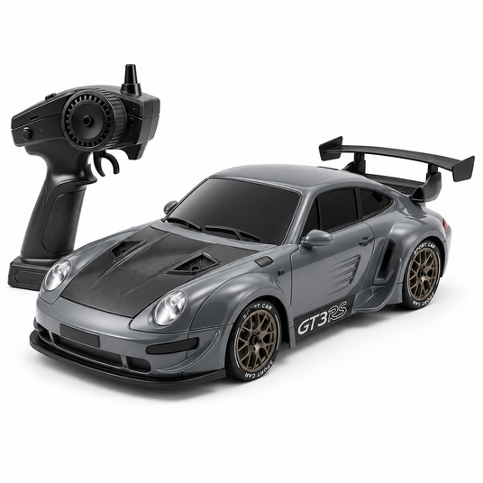 Masina RC Drift 4WD Tip Coupe Sport, Scara 1:20, 20 km/h, Telecomanda 2.4 GHz, 2 Seturi de Anvelope Drift & Racing, Acumulator si Obstacole Incluse, Gri Metalizat