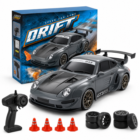 Masina RC Drift 4WD Tip Coupe Sport, Scara 1:20, 20 km/h, Telecomanda 2.4 GHz, 2 Seturi de Anvelope Drift & Racing, Acumulator si Obstacole Incluse, Gri Metalizat