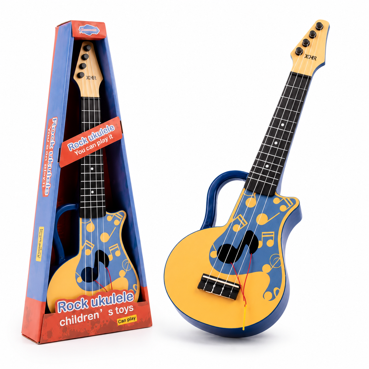 Chitara Ukulele pentru Copii cu 4 Corzi si Maner, 45 cm, Albastru-Bej
