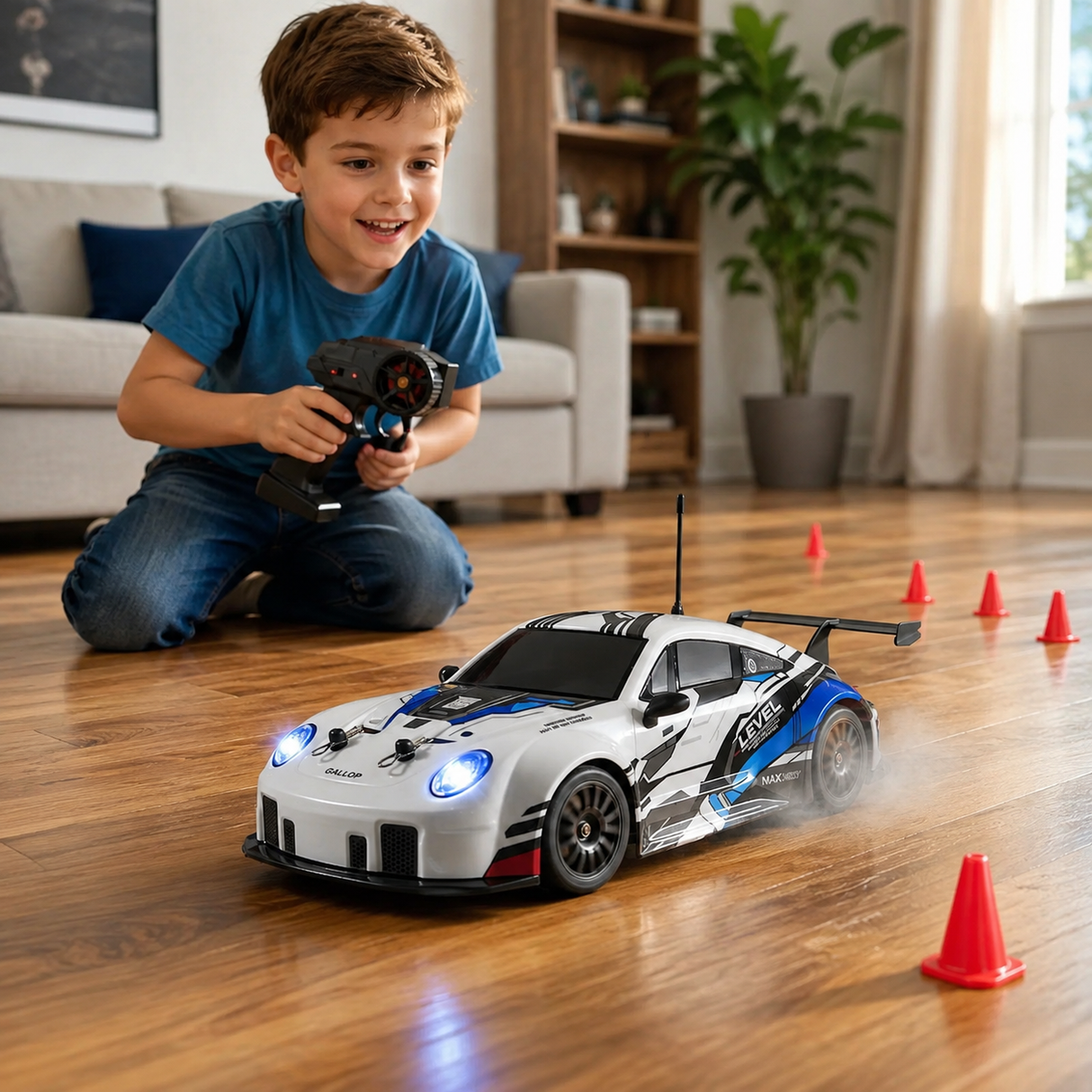 Masina RC Drift pentru Copii, Scara 1:24, Tractiune Integrala, Telecomanda 2.4 GHz, 2 Seturi de Anvelope Speed & Drift, Obstacole si Acumulator Incluse, Albastru (Copy)