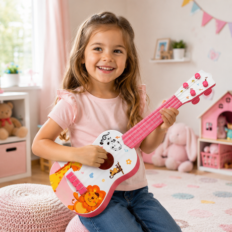 Chitara Ukulele pentru Copii cu 4 Corzi, Model Girafa si Leu, pentru Incepatori, 40 cm, Roz