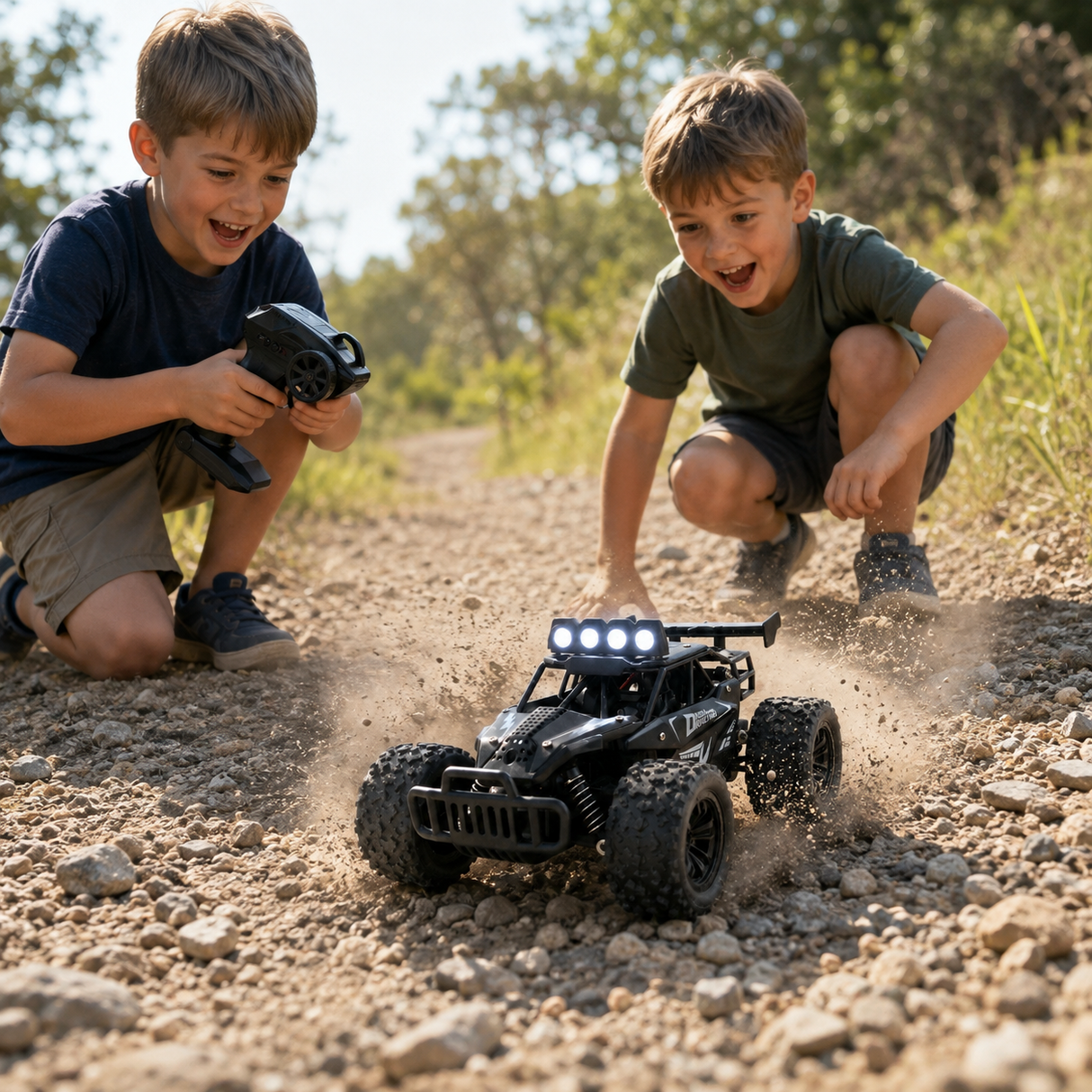 Masina RC Off-Road pentru Copii, Scara 1:16, 20 km/h, Roti All-Terrain, Lumini LED, Telecomanda 2.4 GHz, Acumulator Inclus, Negru