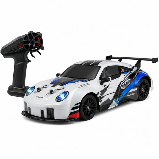 Masina RC Drift pentru Copii, Scara 1:24, Tractiune Integrala, Telecomanda 2.4 GHz, 2 Seturi de Anvelope Speed & Drift, Obstacole si Acumulator Incluse, Albastru (Copy)