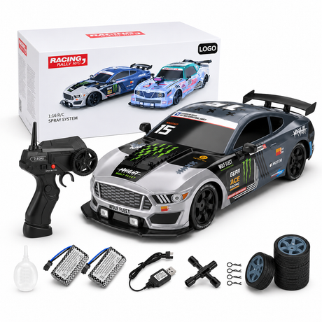 Masina RC Drift pentru Copii, Scara 1:16, 20 km/h, Lumini LED, Efect de Fum, Telecomanda, Gri/Albastru