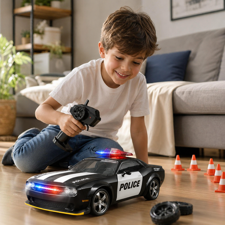 Masina RC de Politie pentru Drift, Scara 1:24, Tractiune Integrala, Telecomanda 2.4 GHz, 2 Seturi de Anvelope Speed & Drift, Acumulator Inclus, Negru