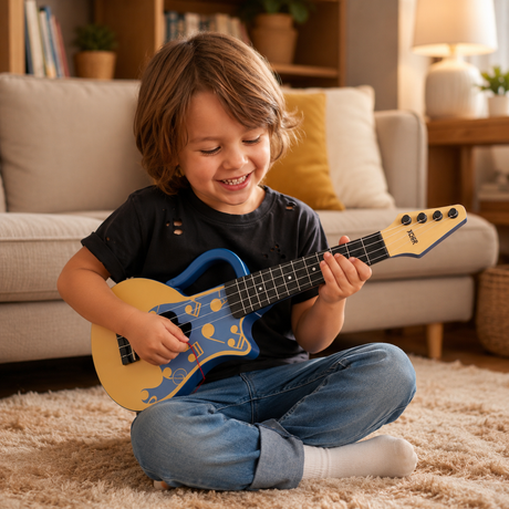 Chitara Ukulele pentru Copii cu 4 Corzi si Maner, 45 cm, Albastru-Bej