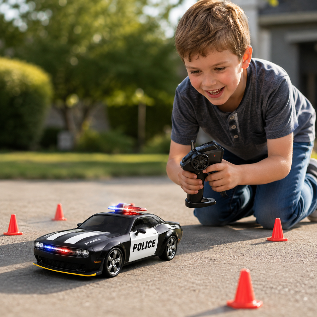 Masina RC de Politie pentru Drift, Scara 1:24, Tractiune Integrala, Telecomanda 2.4 GHz, 2 Seturi de Anvelope Speed & Drift, Acumulator Inclus, Negru