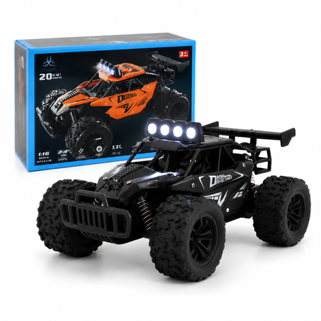 Masina RC Off-Road pentru Copii, Scara 1:16, 20 km/h, Roti All-Terrain, Lumini LED, Telecomanda 2.4 GHz, Acumulator Inclus, Negru