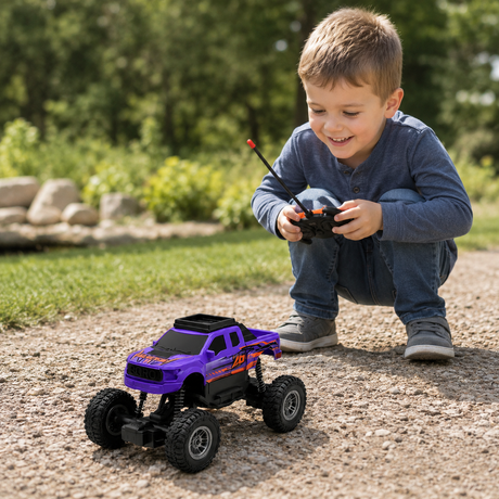 Masina RC Monster Truck Off-Road pentru Copii, Scara 1:16, 10 km/h, Suspensii, Telecomanda, Acumulator Inclus, Mov