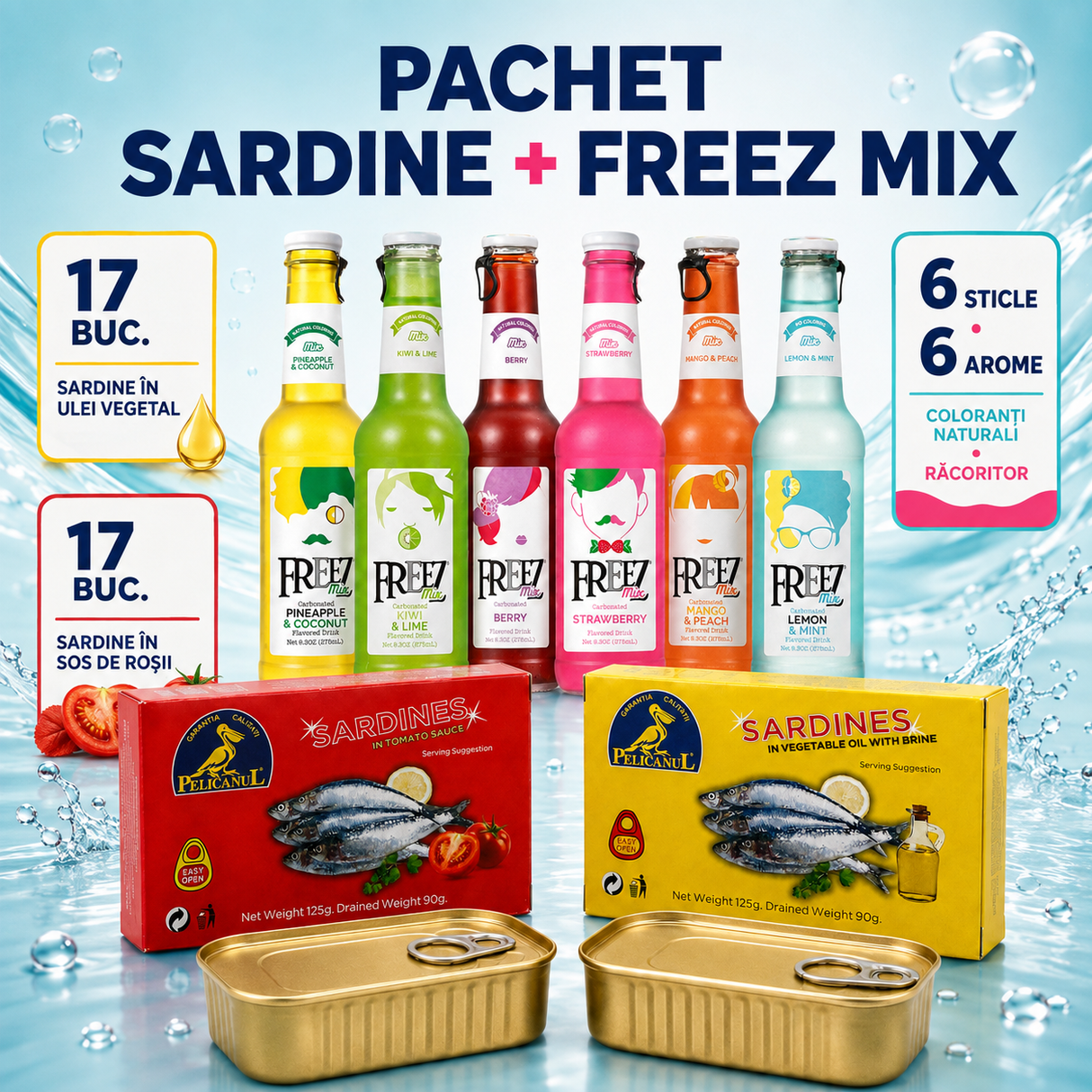 Ocean Feast & Freez Box – 34 Sardine Pelicanul + 6 Băuturi Freez Mix