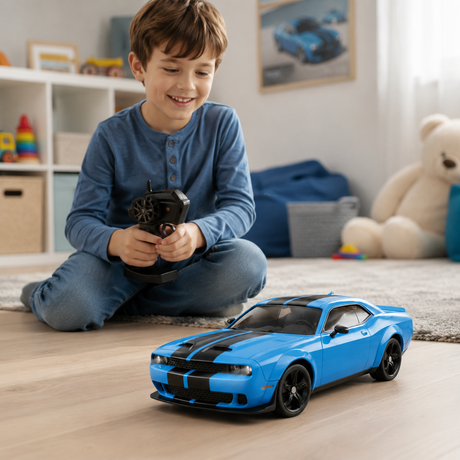 Masina RC Drift pentru Copii, Scara 1:24, Tractiune Integrala, Telecomanda 2.4 GHz, 2 Seturi de Anvelope Speed & Drift, Obstacole si Acumulator Incluse