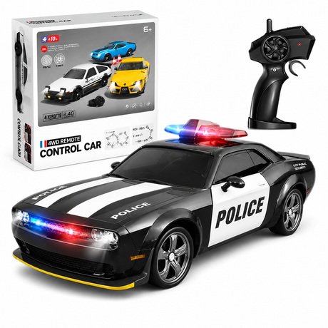 Masina RC de Politie pentru Drift, Scara 1:24, Tractiune Integrala, Telecomanda 2.4 GHz, 2 Seturi de Anvelope Speed & Drift, Acumulator Inclus, Negru
