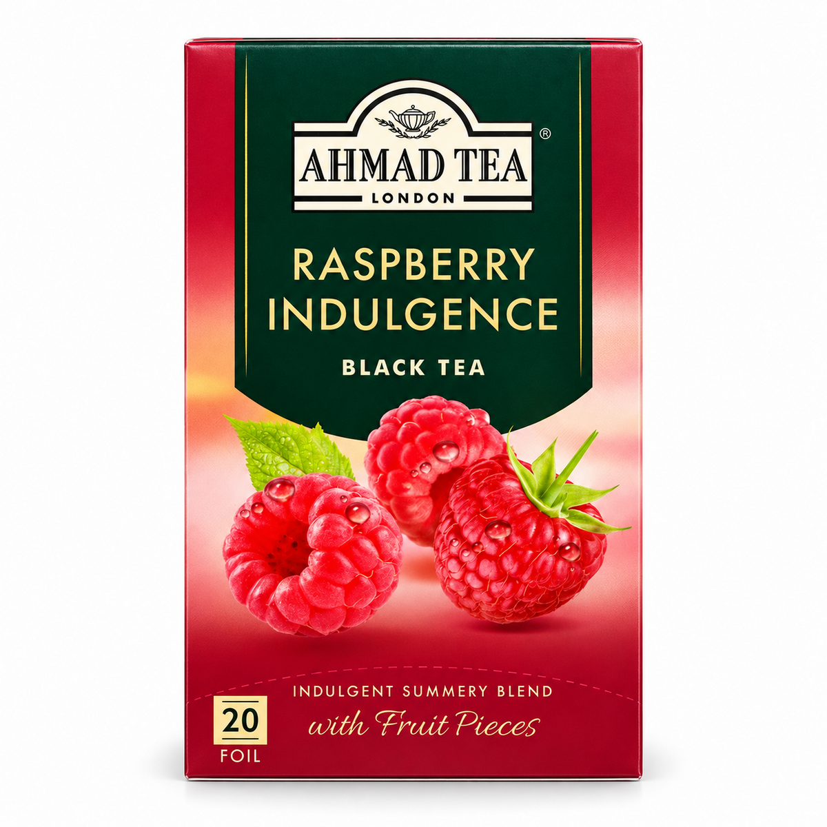 Ceai negru Ahmad Tea Raspberry Indulgence cu zmeură, 20 plicuri 40 g – față