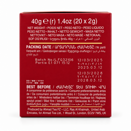 Ceai Ahmad Tea cu zmeură – 20 x 2 g și informații de ambalare