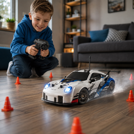 Masina RC Drift pentru Copii, Scara 1:24, Tractiune Integrala, Telecomanda 2.4 GHz, 2 Seturi de Anvelope Speed & Drift, Obstacole si Acumulator Incluse, Albastru (Copy)