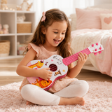 Chitara Ukulele pentru Copii cu 4 Corzi, Model Girafa si Leu, pentru Incepatori, 40 cm, Roz