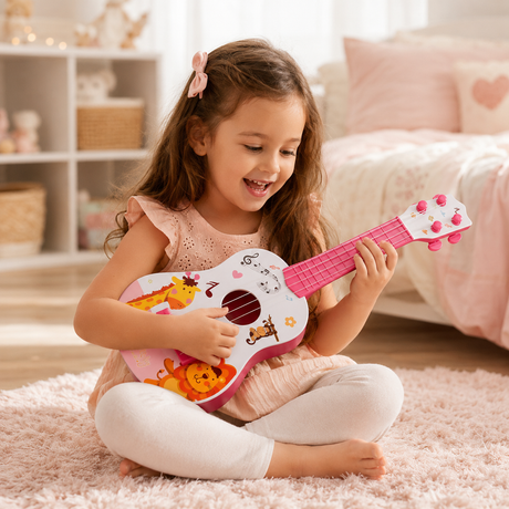 Chitara Ukulele pentru Copii cu 4 Corzi, Model Girafa si Leu, pentru Incepatori, 40 cm, Roz