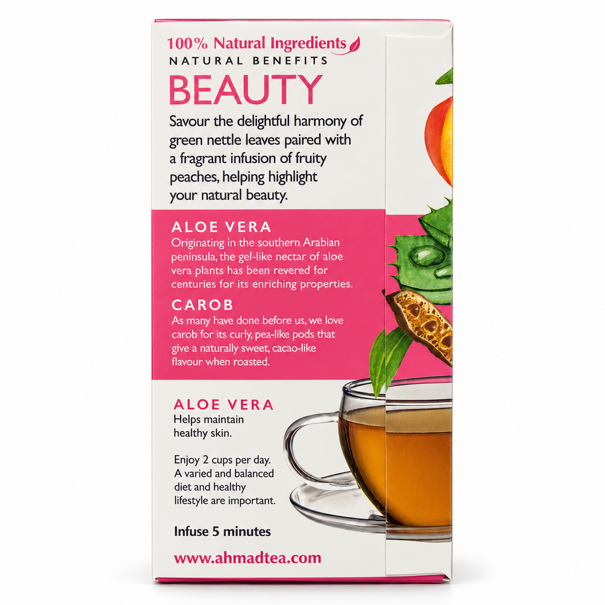 Cutia Ahmad Beauty din lateral, descrierea gamei și ingredientele aloe vera și roșcove