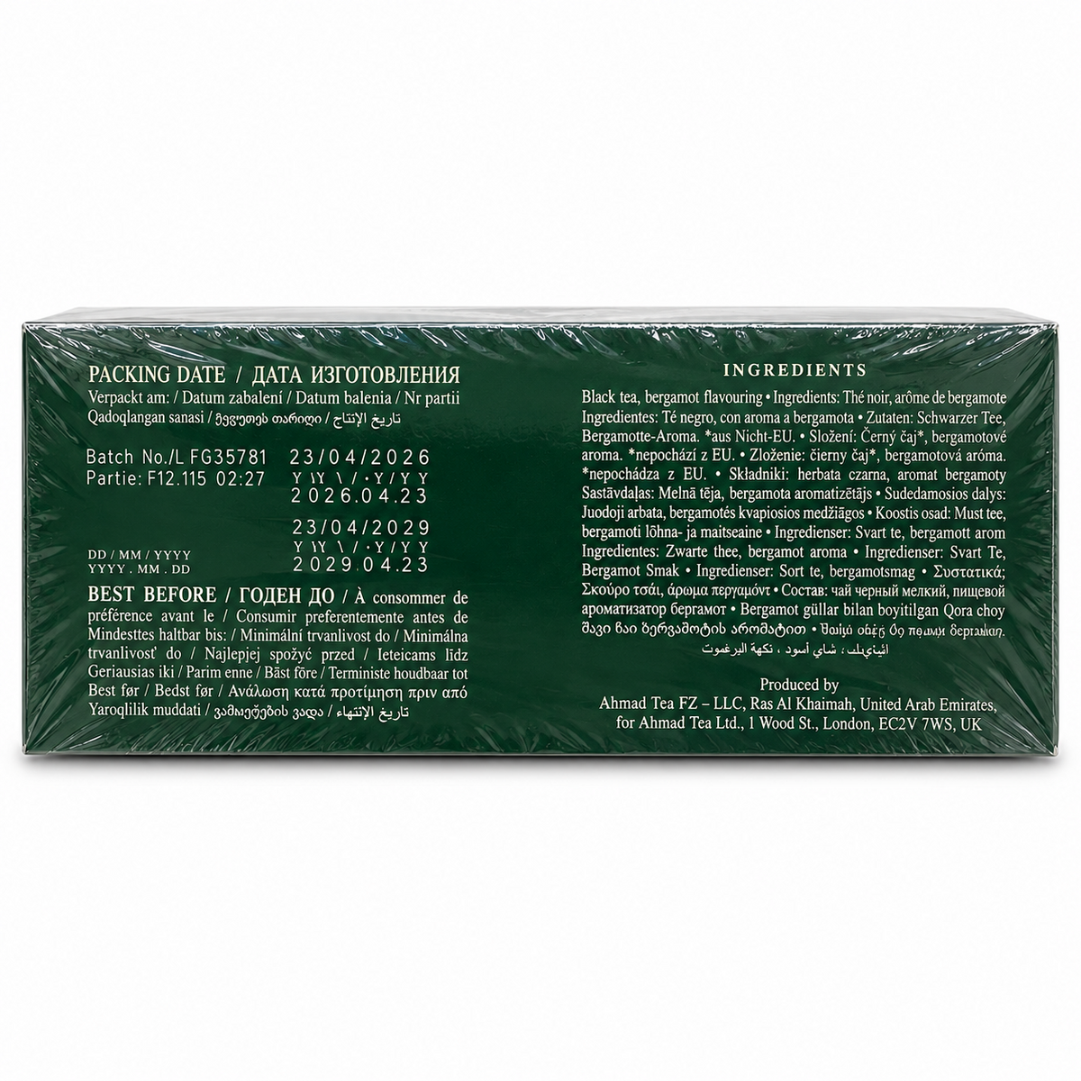Ingrediente Ahmad Tea Earl Grey – ceai negru și aromă de bergamotă; termen 23.04.2029