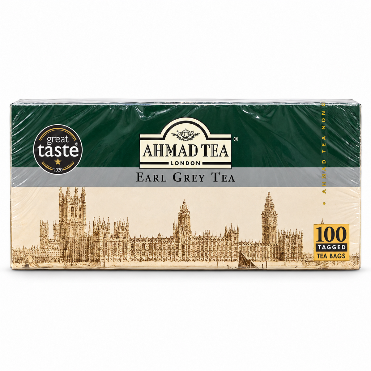 Cutie Ahmad Tea Earl Grey 100 plicuri, format orizontal cu imaginea Londrei