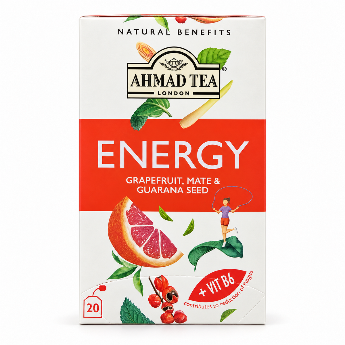 Ceai Ahmad Tea Energy cu grepfrut, mate și guarana, 20 plicuri x 1,5 g – ambalaj frontal
