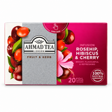 Ceai Ahmad Tea Rosehip, Hibiscus & Cherry – ambalaj orizontal cu fructe și hibiscus