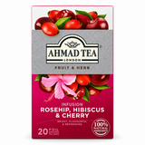 Ceai Ahmad Tea măceșe, hibiscus și cireșe, 20 plicuri, 40 g – fața cutiei