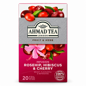 Ceai Ahmad Tea măceșe, hibiscus și cireșe, 20 plicuri, 40 g – fața cutiei